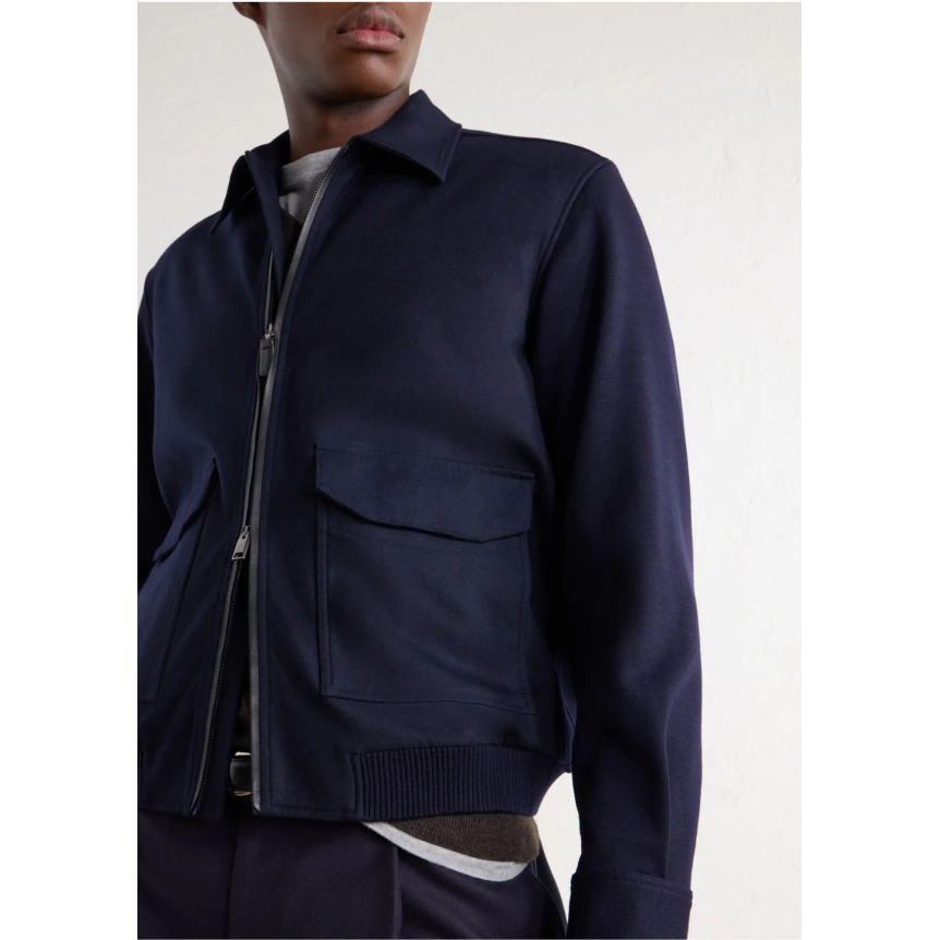 Blouson zippé à col BRIONI en laine feutrée et cachemire stretch bleu marine