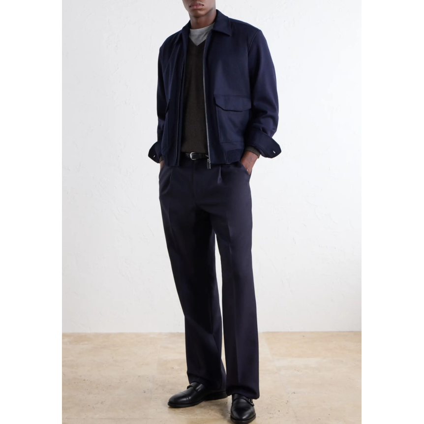 Blouson zippé à col BRIONI en laine feutrée et cachemire stretch bleu marine