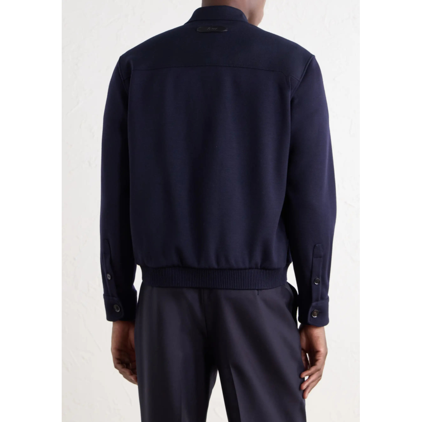 Blouson zippé à col BRIONI en laine feutrée et cachemire stretch bleu marine