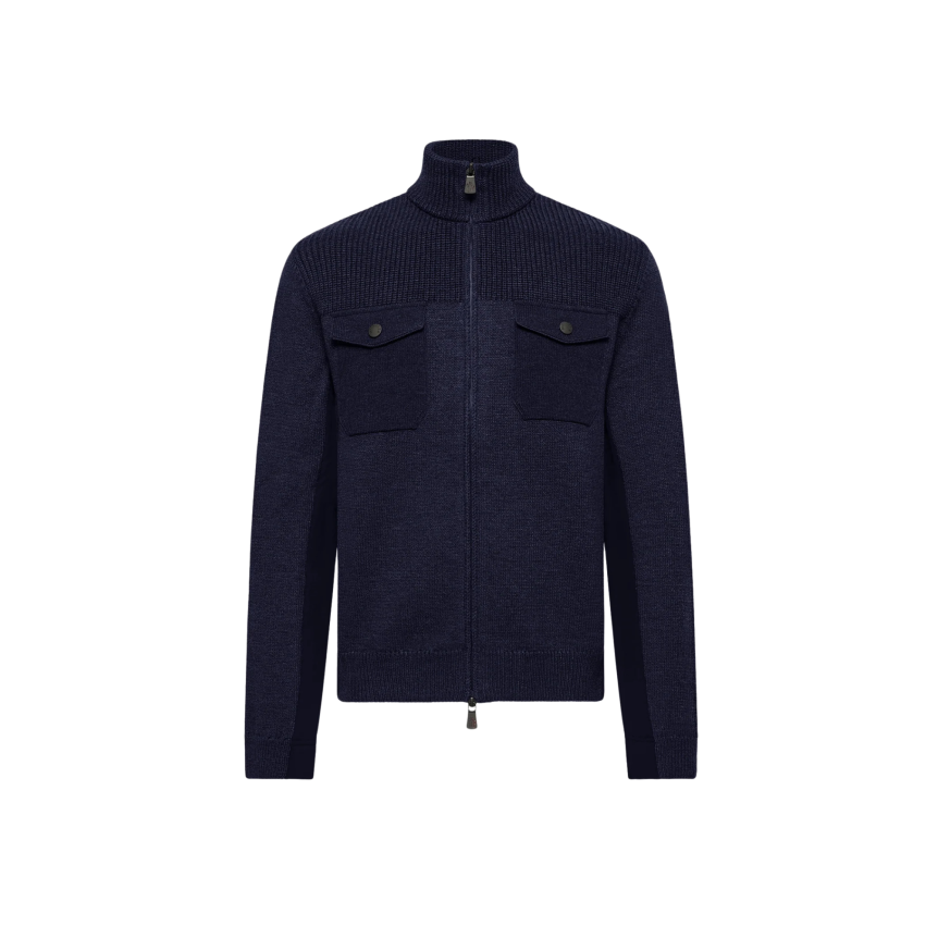 Cardigan zippé MONCLER col roulé laine vierge bleu marine Grenoble Collection
