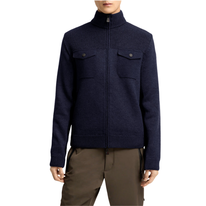 Cardigan zippé MONCLER col roulé laine vierge bleu marine Grenoble Collection