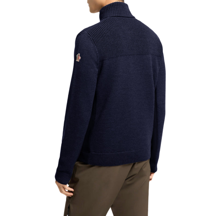 Cardigan zippé MONCLER col roulé laine vierge bleu marine Grenoble Collection
