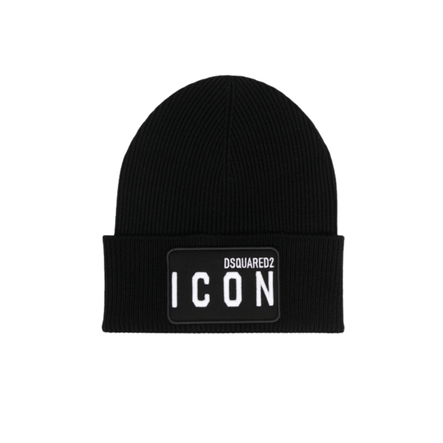 Bonnet laine noire patch logo ICON blanc