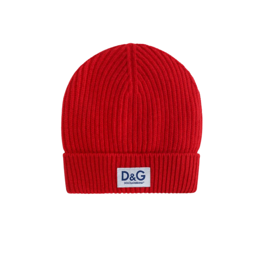 Bonnet laine vierge maille cotelée patch logo D&G rouge