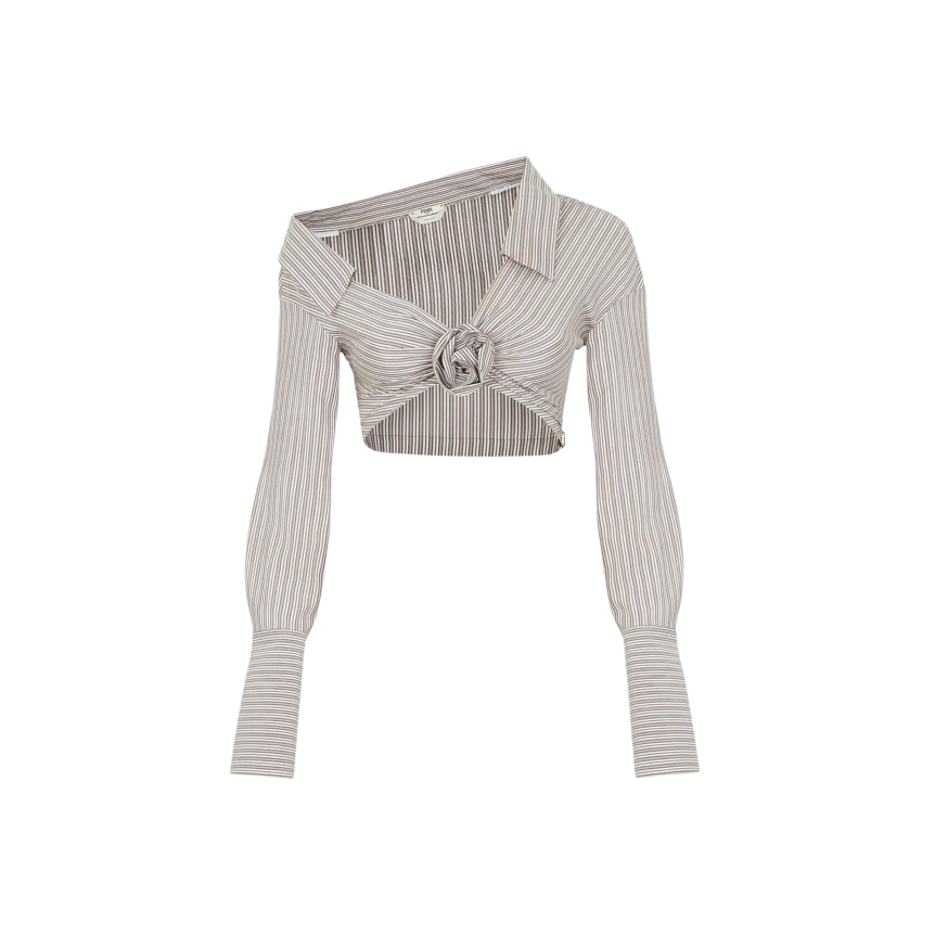 Chemise extra courte soie imprimée rayures blanc marron noeud