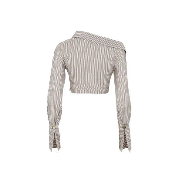 Chemise extra courte soie imprimée rayures blanc marron noeud