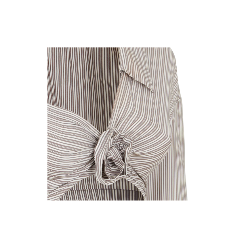 Chemise extra courte soie imprimée rayures blanc marron noeud