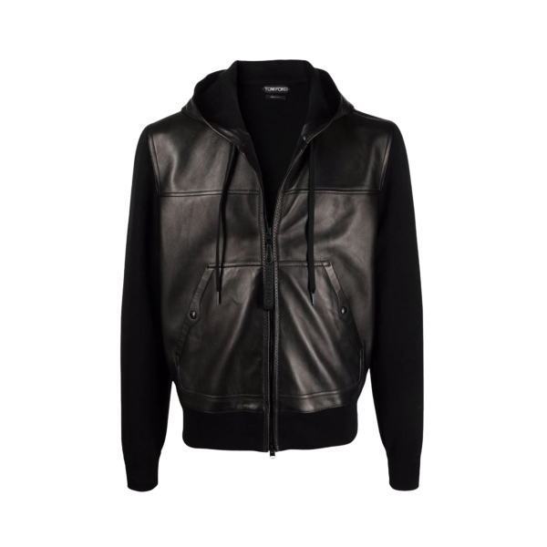 Blouson réversible à capuche bi matière cuir tricot manches noir