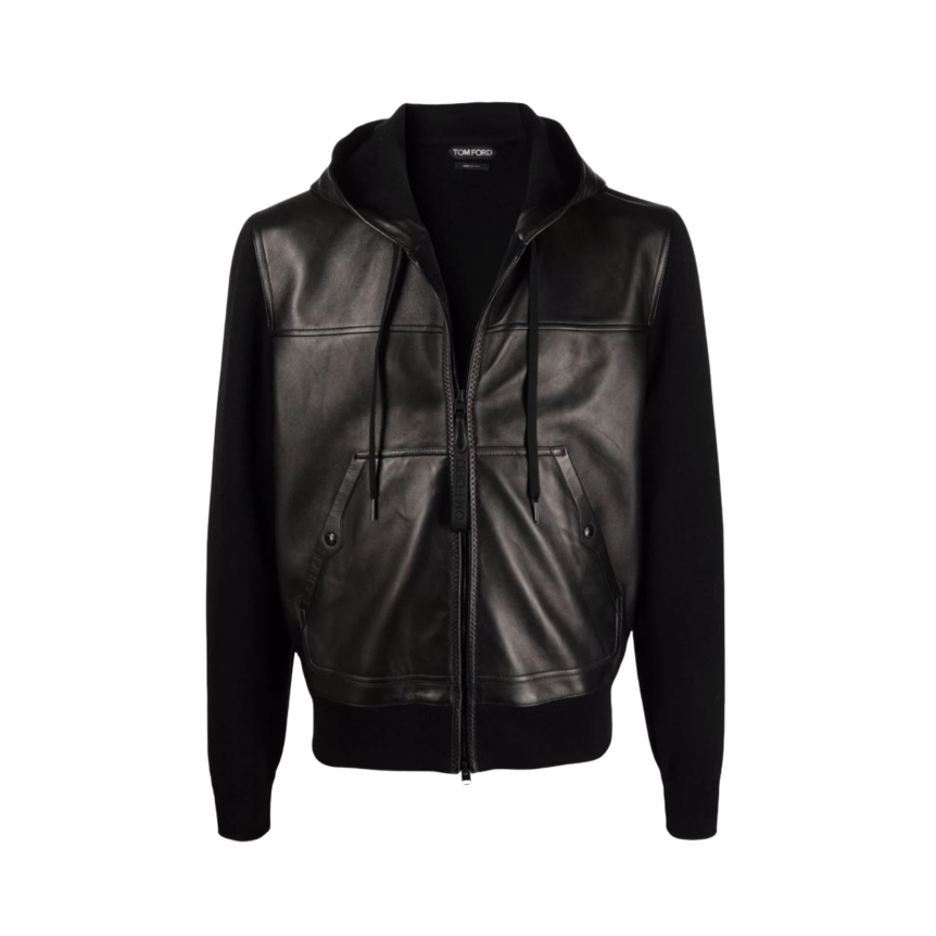 Blouson réversible à capuche bi matière cuir tricot manches noir