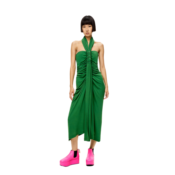 Robe longue LOEWE drapée dos nu jersey crêpe de viscose vert